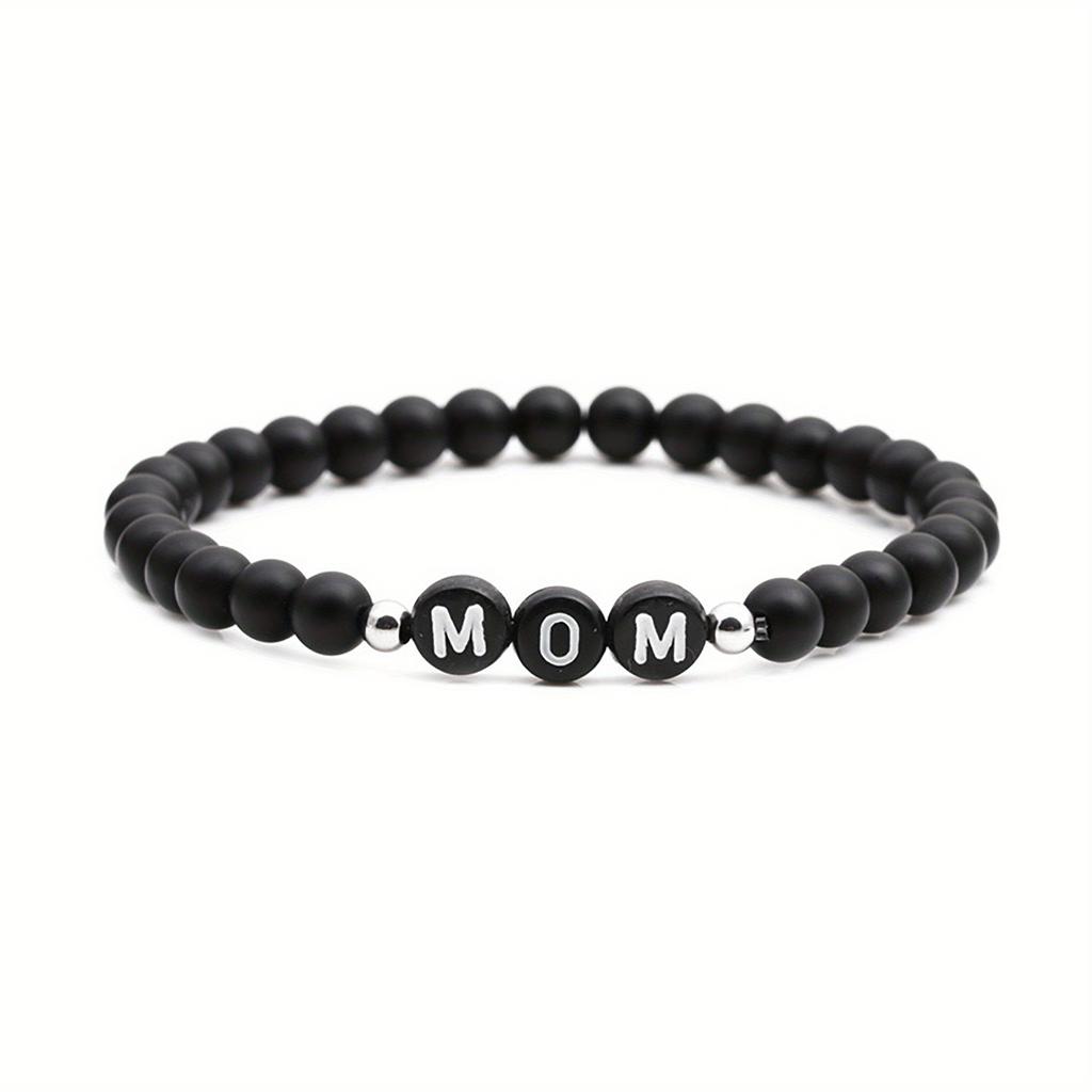 Natural Stone 6mm Beads Bracelet for Mom Mama Women Initial Letters Family Bless Bangles Mother's Day Gifts Jewelry Matte black