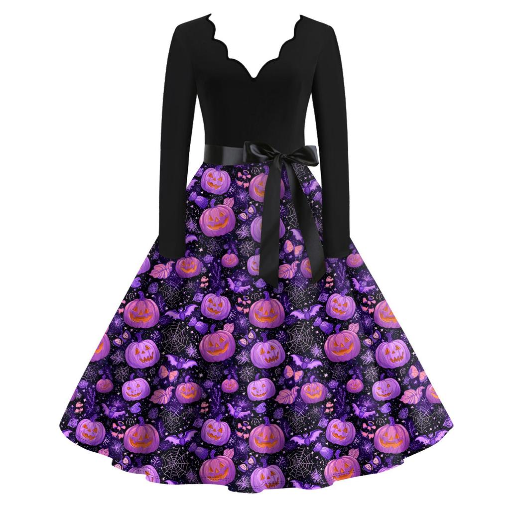 Moda casual feminina manga longa Halloween gráfico impresso vintage vestidos longos