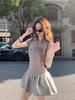 American Vintage Splicing Polo Neck Dress Slim Skinny Short Sleeve Fluffy Short Skirt Women's Spring and Summer