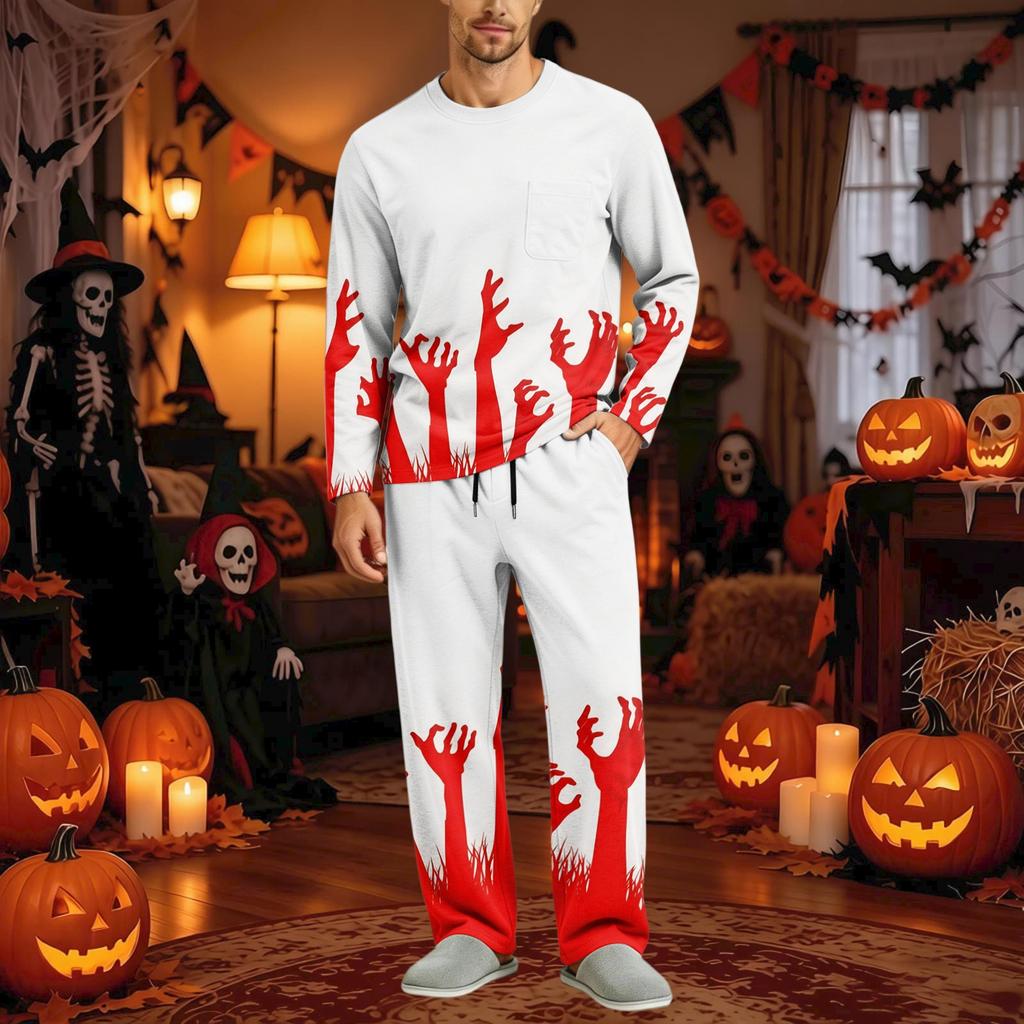 Men's Halloween Pajama Set Long Sleeve with Buttoned Crotch and Elastic Drawstring Waist Sleepwear