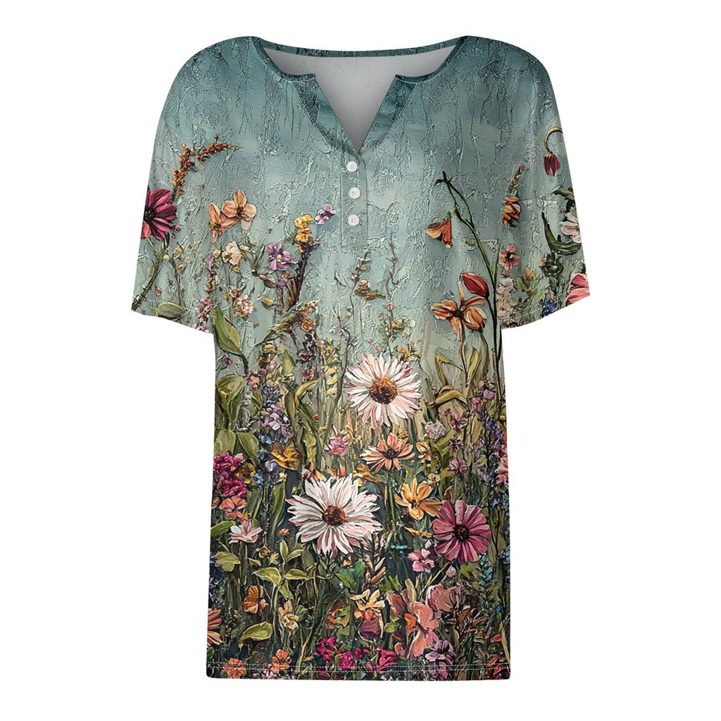 Women's T Shirt Tee Print Button Short Sleeve Daily Weekend Fashion Basic V- Neck Regular Top