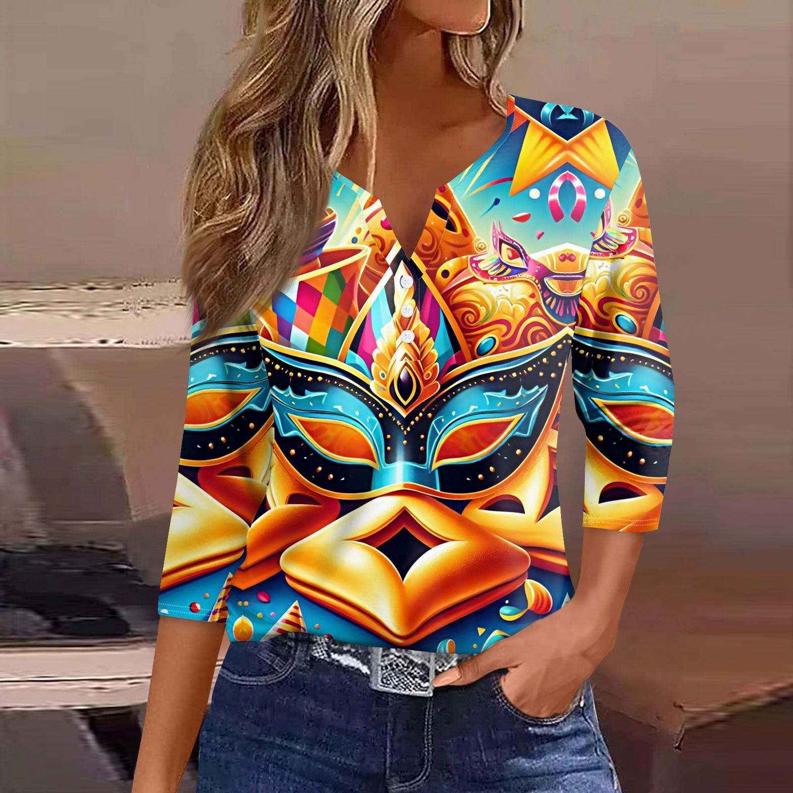 

Женская футболка с принтом «Карнавал» и пуговицами, рукав 3/4, повседневная мода на выходные, базовый топ с V-образным вырезом XL