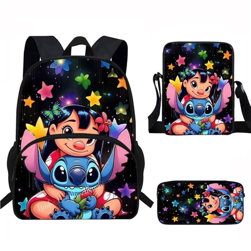 Stitch Kids School Backpack Set Elementary Students Oxford Fabric Ergonomic Design Printed Cartoon 3-Piece Bundle