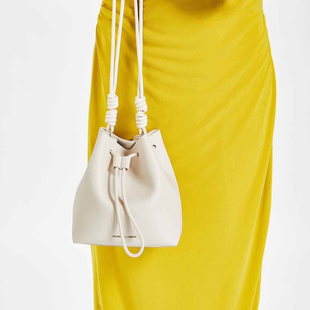 Charles & Keith Minimalist Drawstring Soft Bucket Bag Embossed Leather Women Shoulder Bag Beige Black Gray CK2-10271282