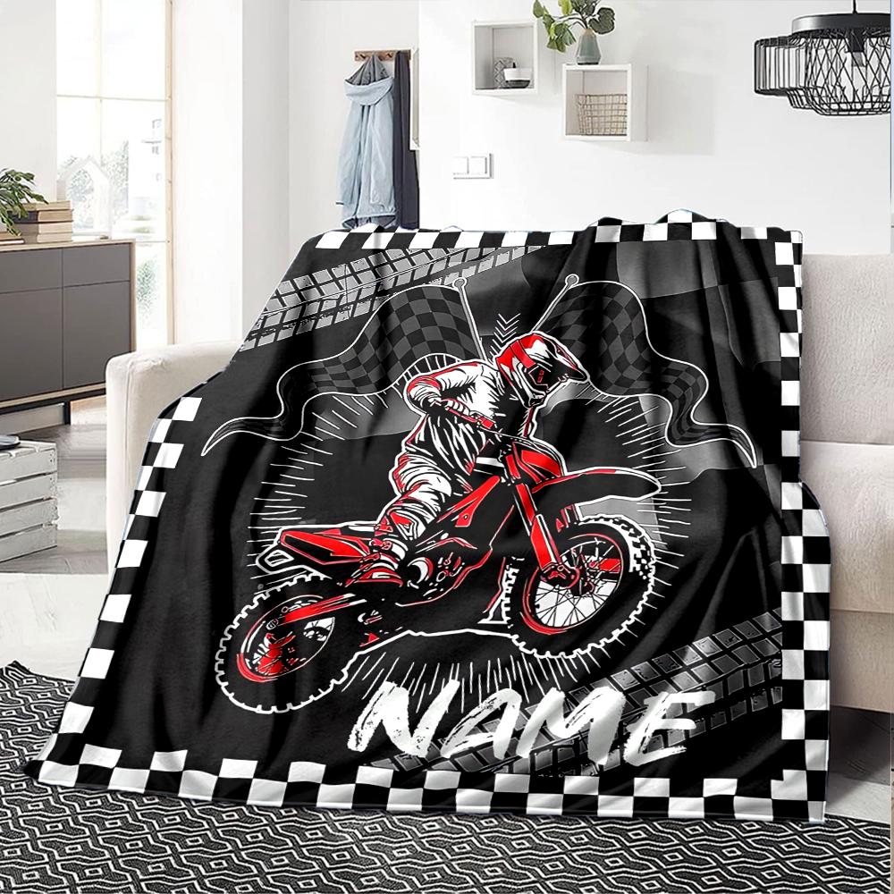 Coperta stampata a tema moto da fuoristrada con nome personalizzato - Perfetta per divano, letto, viaggi e uso all'aperto | Lavabile in lavatrice, accogliente e resistente.