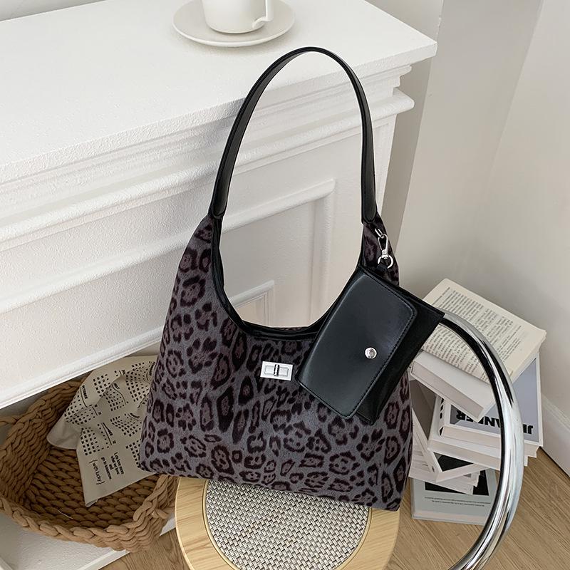 Leopard Print Velvet Shoulder Bag with Wide Strap - Large Capacity Fashion Tote