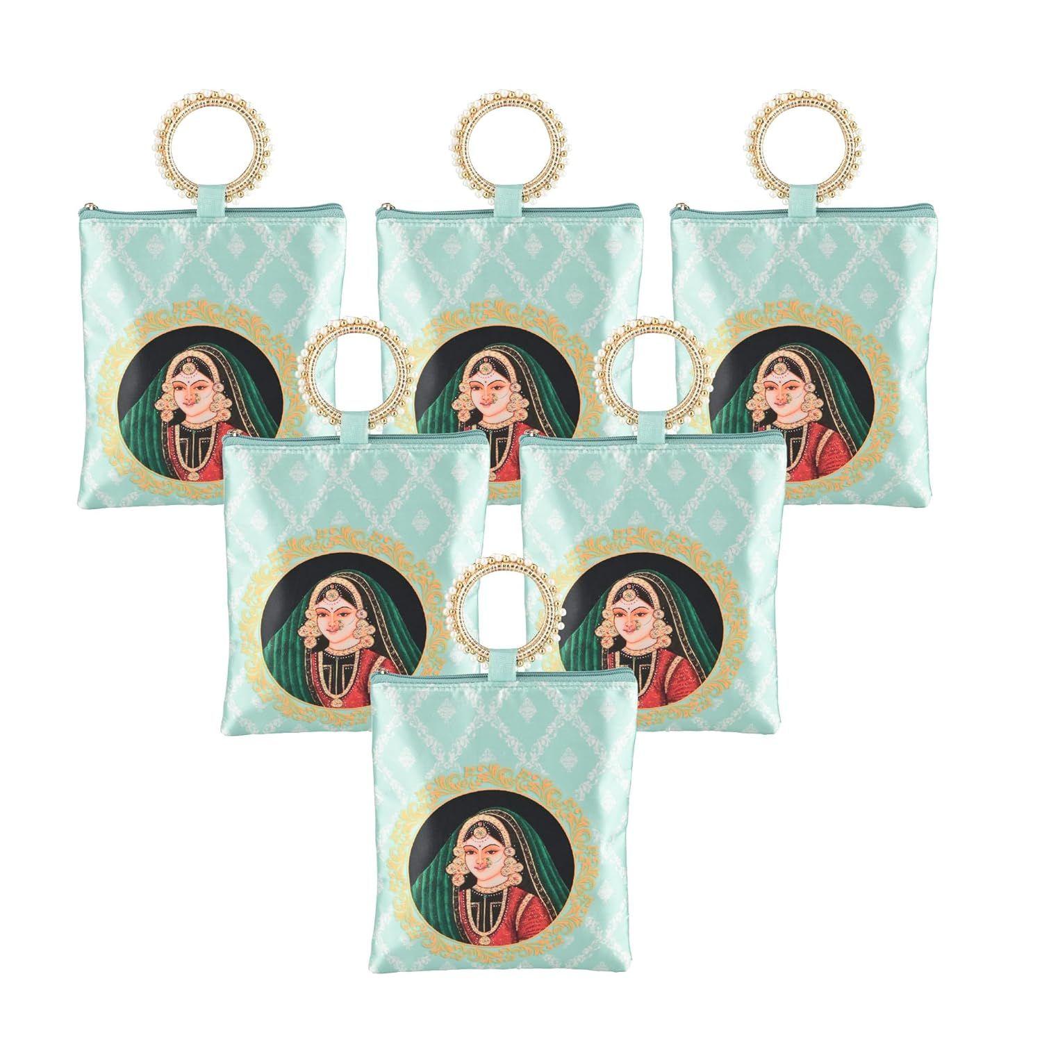 

6 Pcs Silk Small Hand Bags for Women Stylish with Zip & Handle | Traditional Handheld Bags for Women | Ethnic Ladies Purse Handbag for Return Gifts