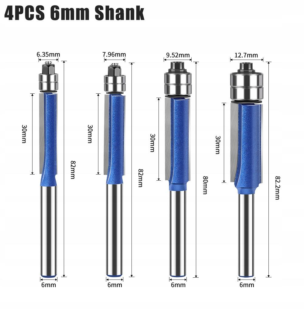 4x Frezu Frezującego Prostego z łożyskiem do drewna wyrównujący trzpień 6mm