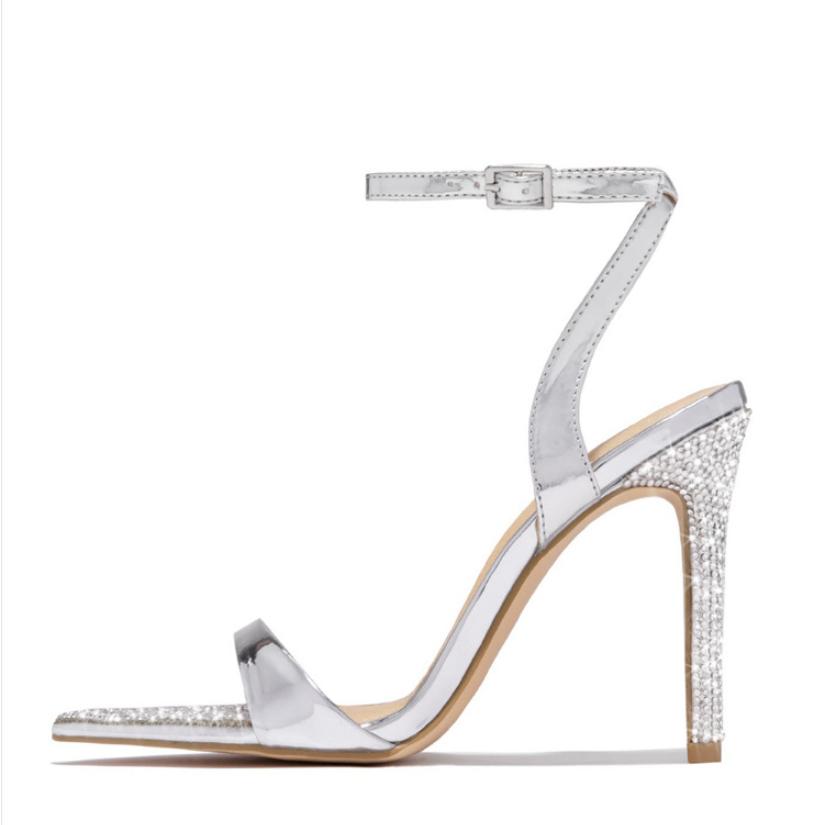 Fashion Plus 35-42 Crystal Pointed Toe Buckle Strap Women's Sandals Thin Heels Golden Female Party Stripper Shoes Womens Shoes