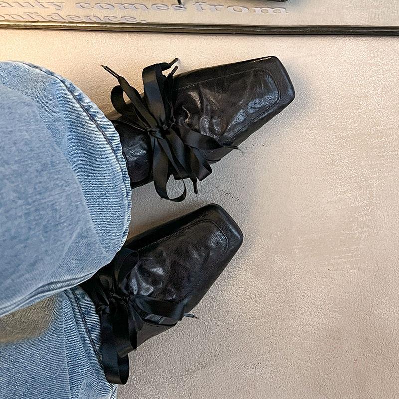 Fashion Retro Square Toe Leather PU Women Loafers Comfort Low Heel Bow Tie Designer Mules Casual Shoes for Women Elegant Ballet Flats