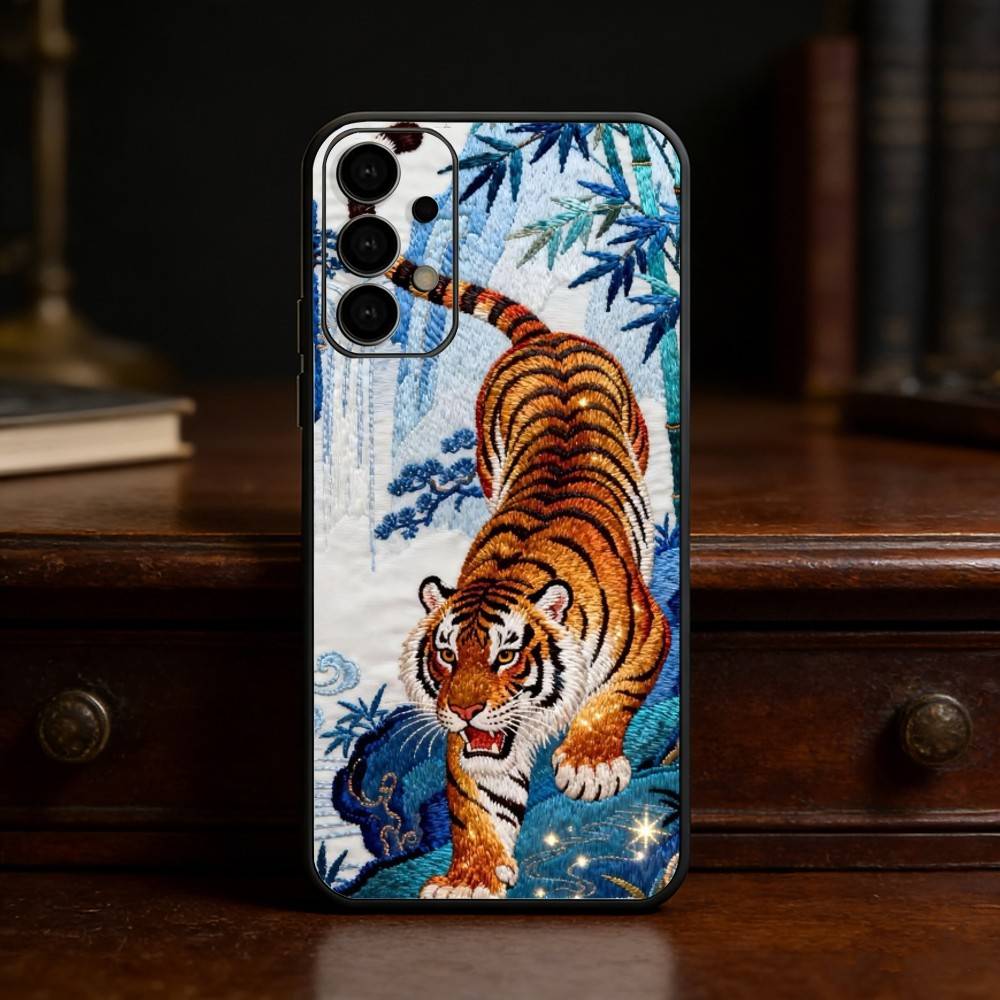 Japanese Ukiyo-e Tiger Phone Case For Samsung S25,24,23,22,30,21,10,9,Ultra,Plus,Lite Soft Black Case
