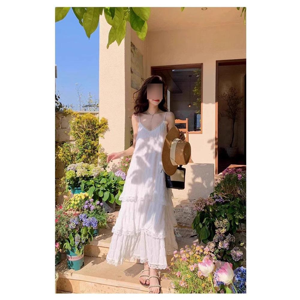 

Elegant French White V-Neck Spaghetti Strap Summer Dress for Women XL (55-60 kg)