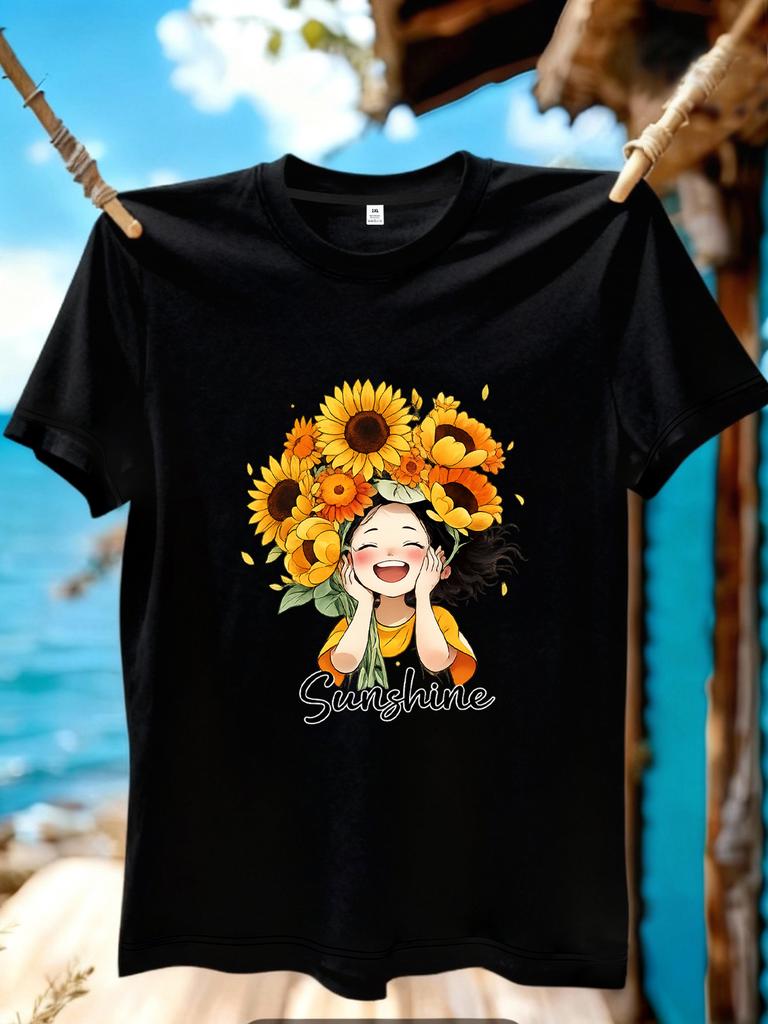 Wzm10883sunflower Girl Print Plus Size Unisexs Round Neck Summer Casual Short Sleeved Street Fashion Versatile Tshirt
