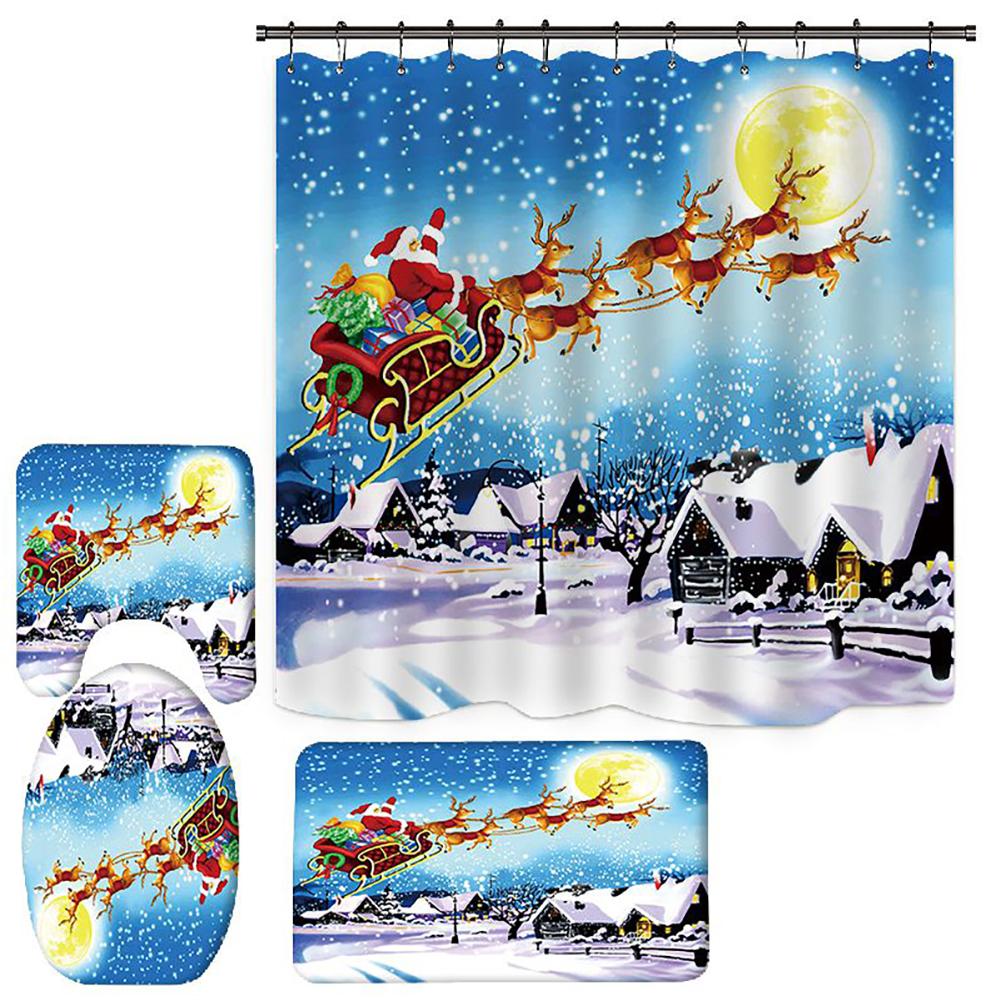 Merry Christmas Bathroom 4Pcs Set Snowman Santa Claus Pattern Waterproof Shower Curtain Toilet Cover Mat Non Slip Rug Home Decor