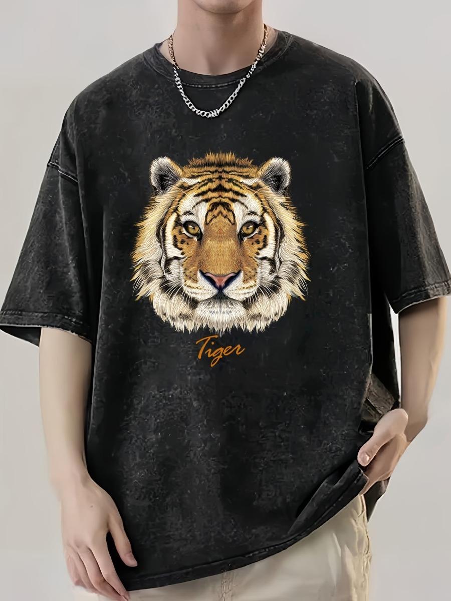 Chaokebang Heren Gewassen T-shirt Vintage Letter Tijgerkop Zomer Dames Tee Oversized Streetwear Nieuwigheid Punk Hip Hop Gotisch Y2K Harajuku XL