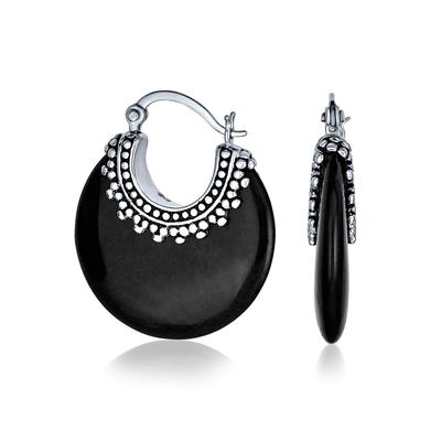 Boho Western Style Tribal Authentic Black Onyx Round Half Crescent Hoop Earrings for Women Oxidized Milgrain Caviar Beads Sterling Silver .925