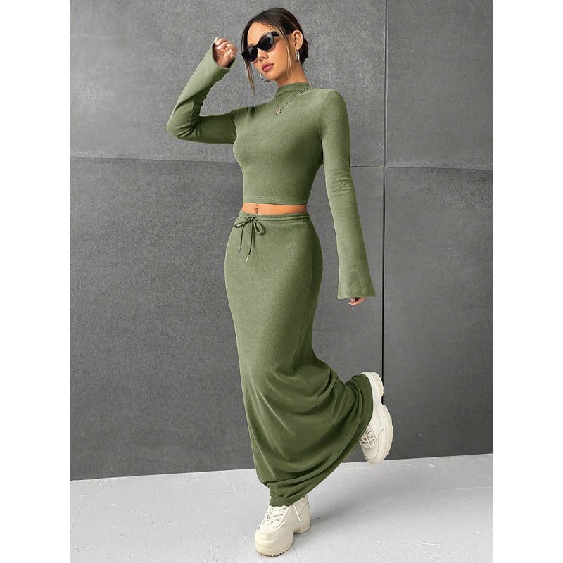 

Western Style New Fashion Casual Long sleeve Top High Waist Skirt Two-Piece Set Top and Skirt Set Green S