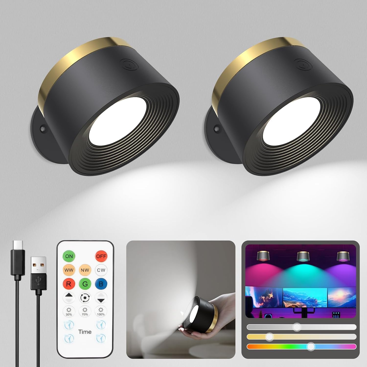 

Set of 2 LED Bracket Wall Mounted Light with Remote 3 Color Temperatures and 13 RGB and Dimmable Magnetic Free Rotation LED Magnetic No Wall Light чорний