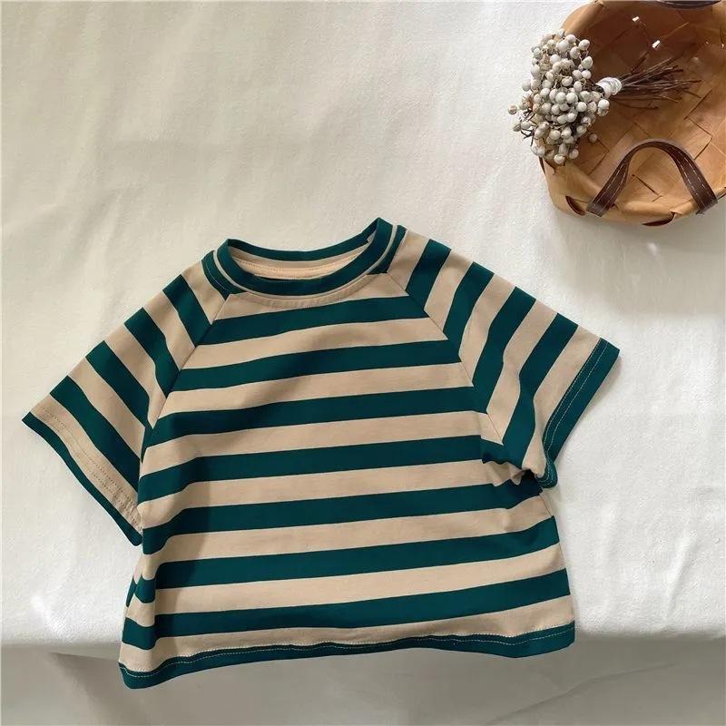 

Children s Summer Clothing Baby Striped Short-sleeve T-shirt for Boys and Girls Trendy Versatile Top Basic Shirt for Kids 80 зелёный