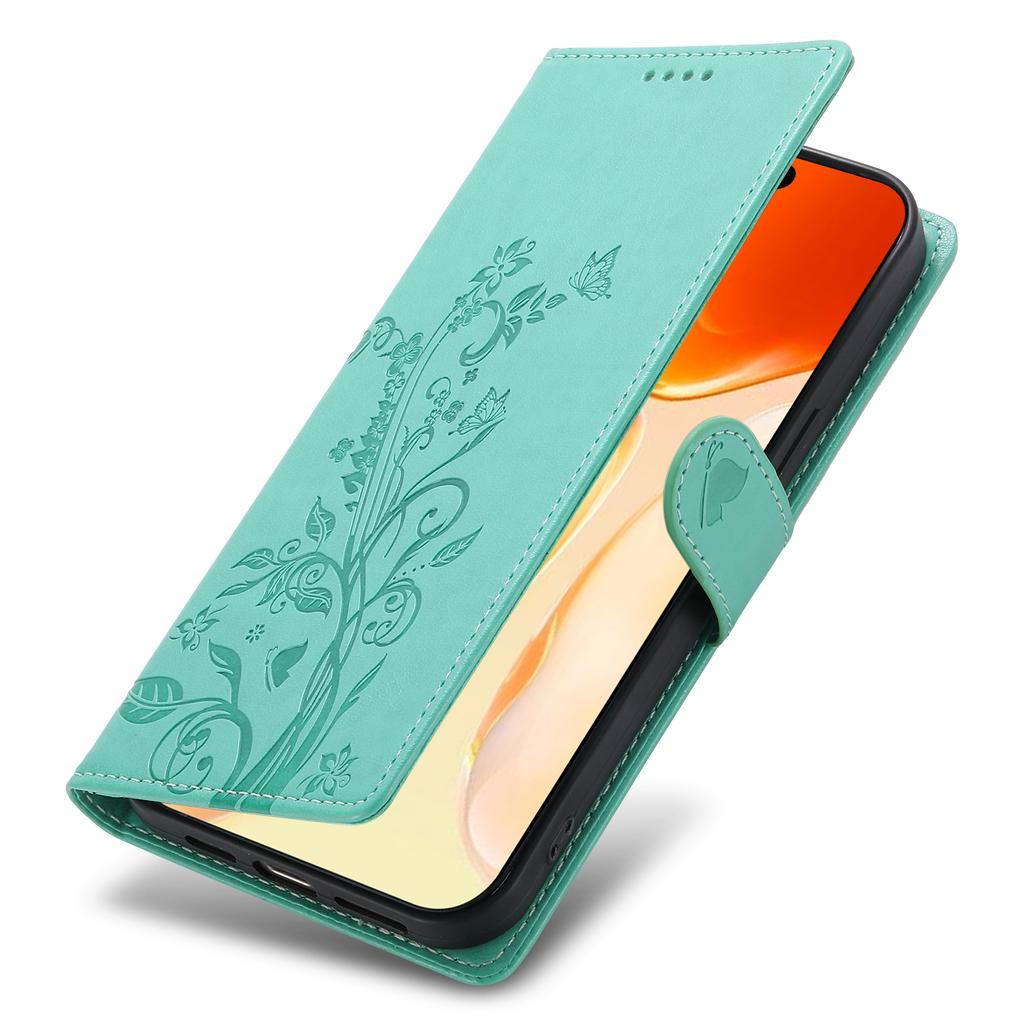 For iPhone 17 Pro Wallet Case Butterfly Floral Imprint PU Leather Phone Cover with Wrist Strap