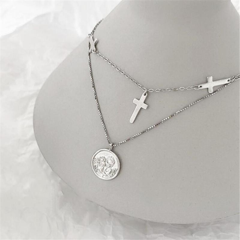 New Temperament Round Brand Angel Female 925 Sterling Silver Jewelry Personality Double Cross Pendant Necklaces TYB367
