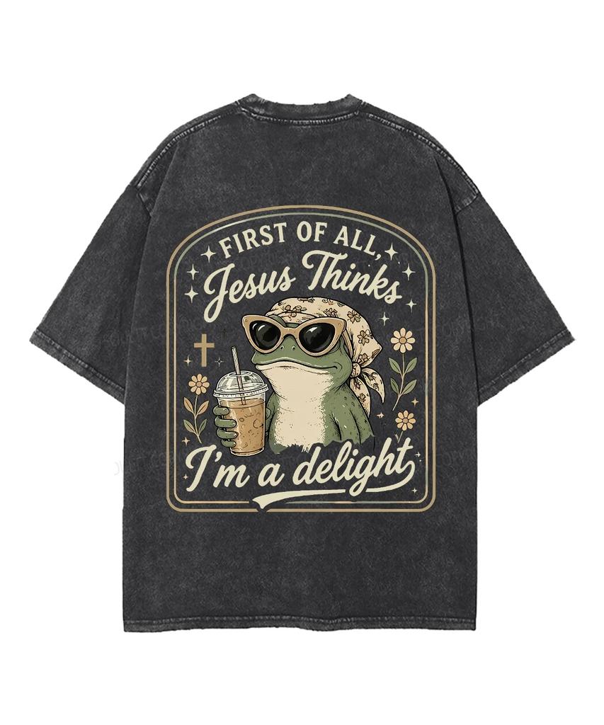 Frog Drink Coffee First Of All Jesus Thinks I'm A Delight Vintage Washed T-Shirt Unisex Oversized Short Sleeve Retro Casual Tops