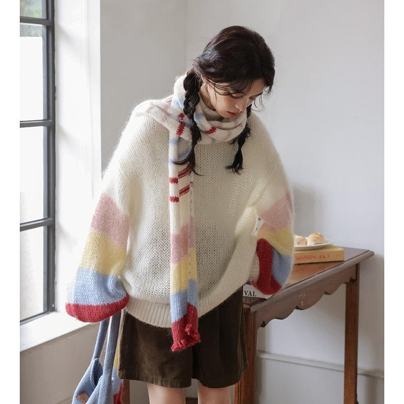 

Johnature French Crew Neck Color-block Rainbow Striped Christmas Pullover Sweater Women Casual Loose Fit (sweater Only) L бежевый