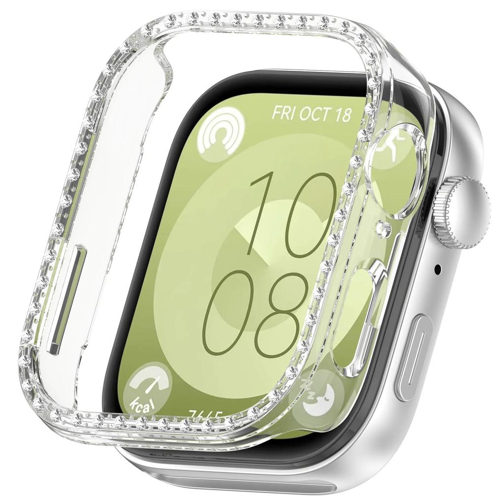 Bling PC Case For Huawei Watch Fit 3 Double Row Diamond Crystal PC Protective Cover Watch Strap Protector Band