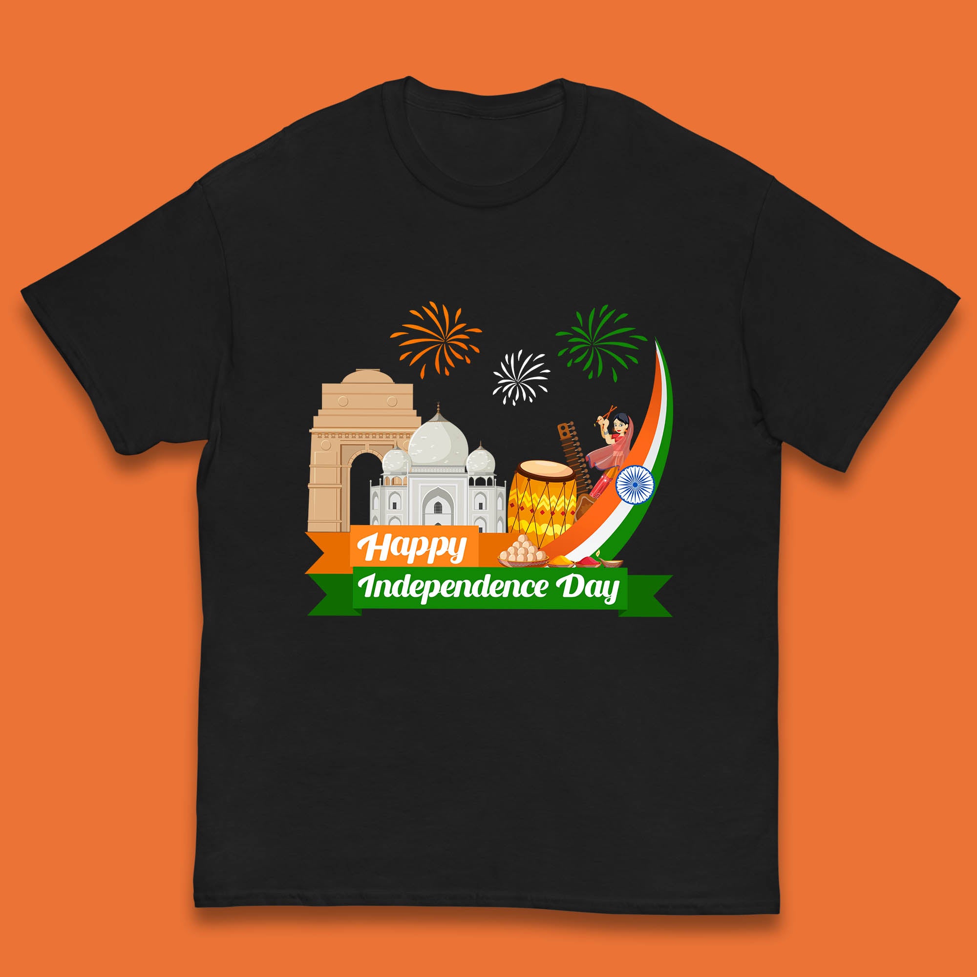 Happy India Independence Day 15th August Patriotic Indian Flag India Architectural Landmarks Kids T Shirt 100