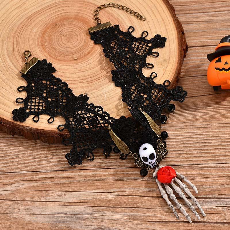 Gothic Black Beaded Flower Palm Sexy Lace Skeleton Choker Necklace Vintage Tassel Chain Women Steampunk Halloween Jewelry