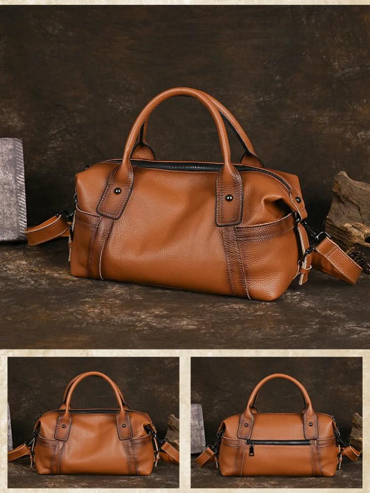 Johnature Versatile Women's Handbag Handmade Retro Genuine Leather Large Capacity Solid Color Shoulder Bags