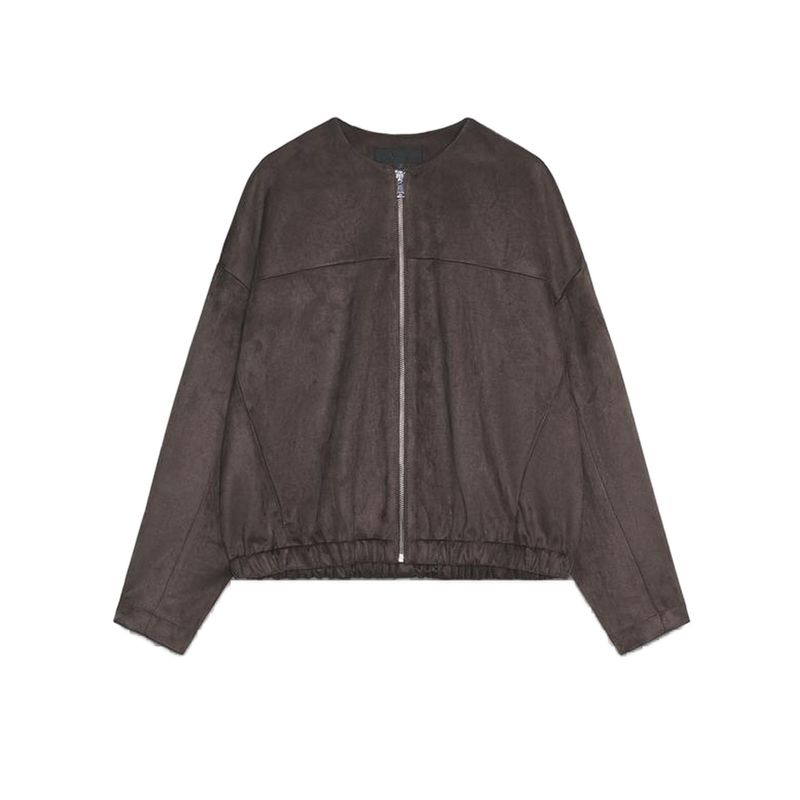 

Autumn New Women clothes Western Style round Neck Long sleeve Zip-up Suede Effect Jacket 6318256 Chocolate color L