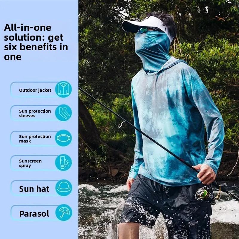 Cămașă de pescuit de vară pentru bărbați cu protecție UV, acoperire completă a feței, protecție solară, strat pentru piele, respirabilă, subțire, top de pescuit
