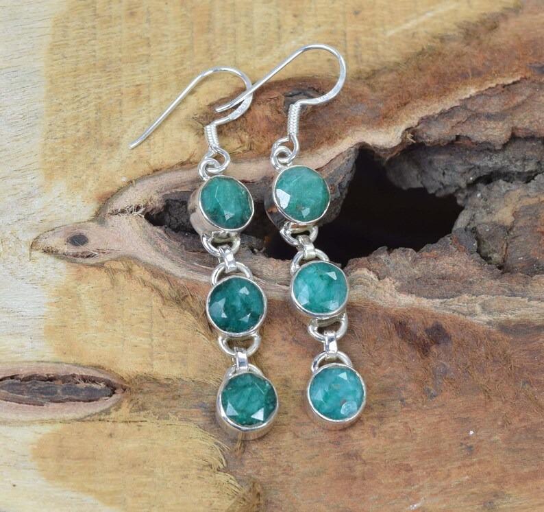 Solid 925 Sterling Silver Dyed Emerald Round gemstone Dangler Earrings Women Jewelry Gift For her