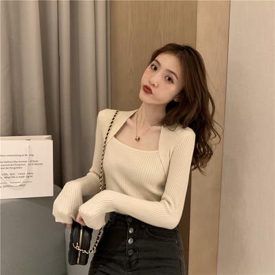 Shirt Women's Autumn and Winter Inner Wear Foreign Style Tight Square Neck Sweater Sexy Slim Collarbone Knitting