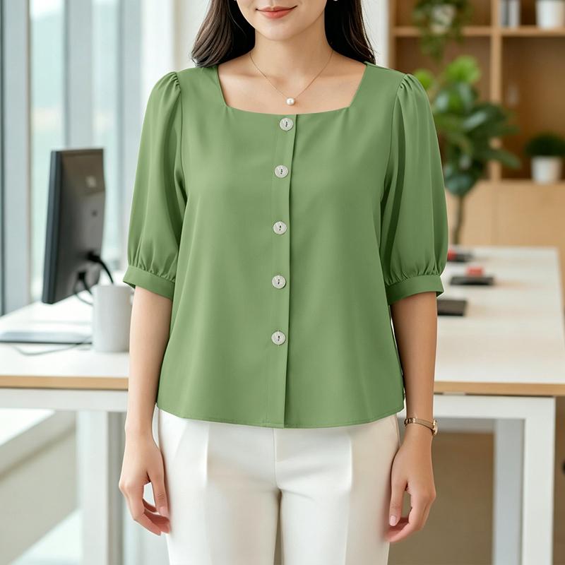 ZANZEA Women Casual Square Collar Solid Color Loose Half Sleeve Blouse S зелёный