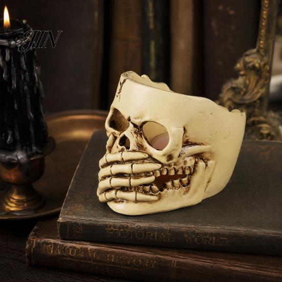 Indoor Halloween Decor Skull Candle Holder Decor, Resin Gothic Table Ornament, Spooky Shelf Festive for Party Home, Trick or Treat Centerpiece Gift