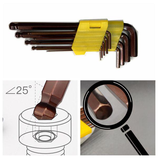 Industrial Grade Antique Bronze L-Shaped Hex Key Wrench Medium-Length Ball Head 9-Piece Set