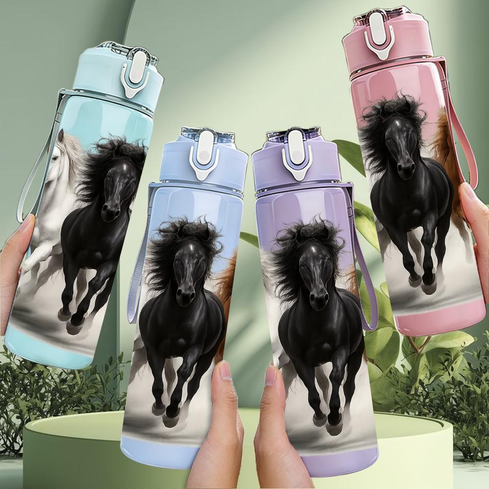 1PC Multiple Horses Running Scene Print 750ml Color Plastic Sports Water Bottle Leakproof Flip Straw Lid Suitable for Sports Office Home Use