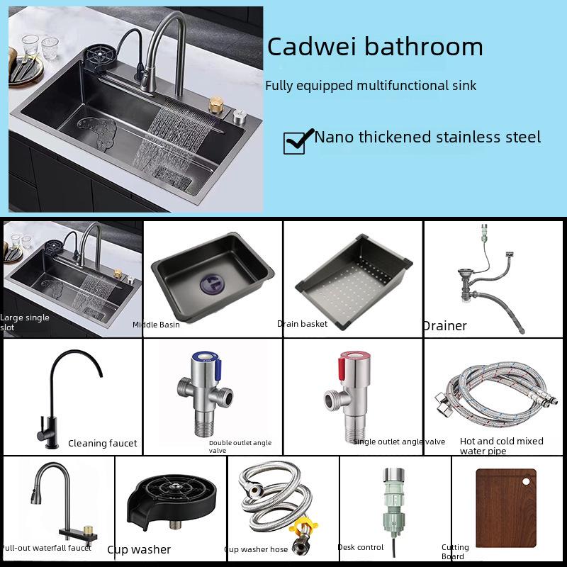Fully Equipped 304 Stainless Steel Kitchen Sink with Thickened Waterfall Faucet