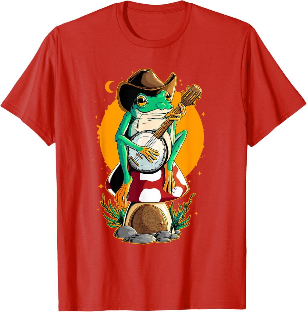 Cowboy Frog Playing Banjo Mushroom House Graphic T-Shirt Retro Cottagecore Aesthetic Casual Cotton Tee