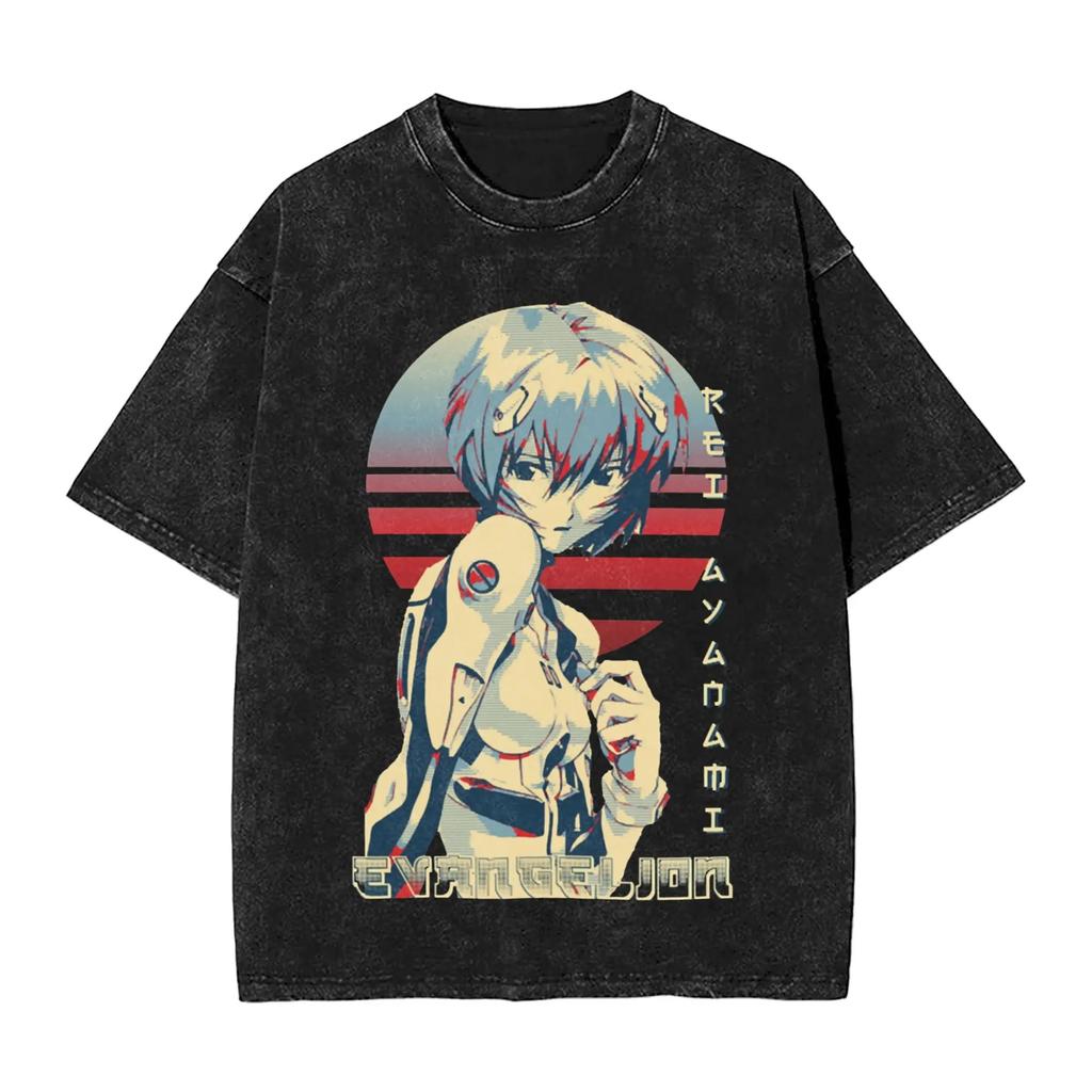 Hot Sale EVA Rei Ayanami Graphic Print T-shirt Men Women Vintage Washed Cotton Summer New Tee Streetwear Y2K Fashion Loose Casual Oversized Top