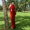 Sexy Side Waist Hollow Kink Neck Skirt Slack Red Birthday Dress Vacation Dress
