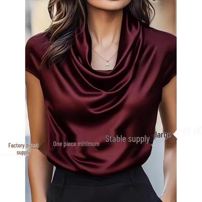 Spring/Summer Satin Ruffle Collar Short-Sleeve Shirt with Elegant Drape Design
