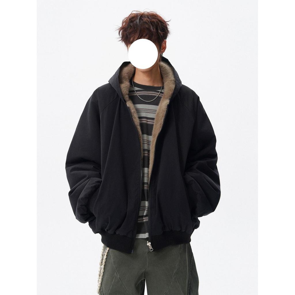 Trendy Reversible Rabbit Fur-Style Cotton Jacket - Men's Winter Retro Cool Hooded Coat, Versatile & Warm for Couples