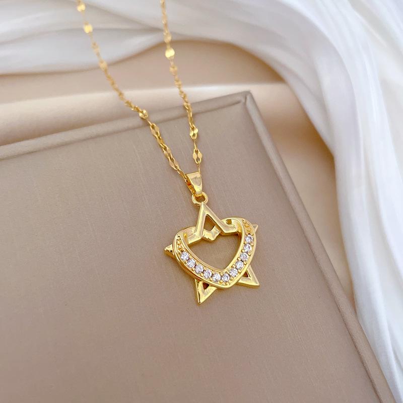 Love Pentagram Light Luxury Temperament Gorgeous Full Diamond Necklace Female Versatile Collarbone Chain Titanium Steel Chain