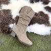 Gentle and Fashionable Round Head Thick Heel Suede Stacking Boots 2025 Autumn New Thin Temperament Medium Boots
