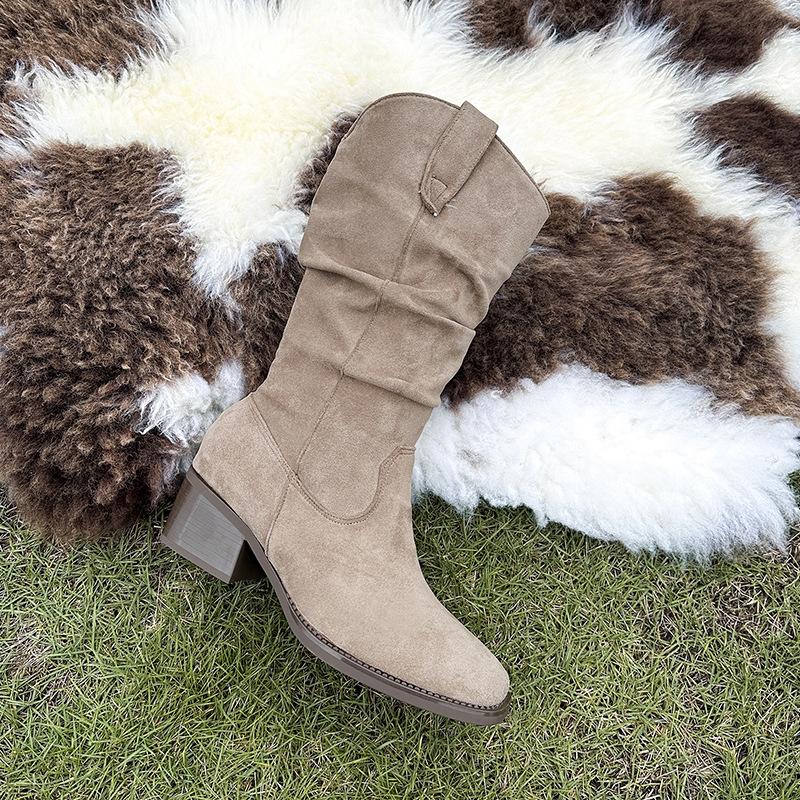 Gentle and Fashionable Round Head Thick Heel Suede Stacking Boots 2025 Autumn New Thin Temperament Medium Boots