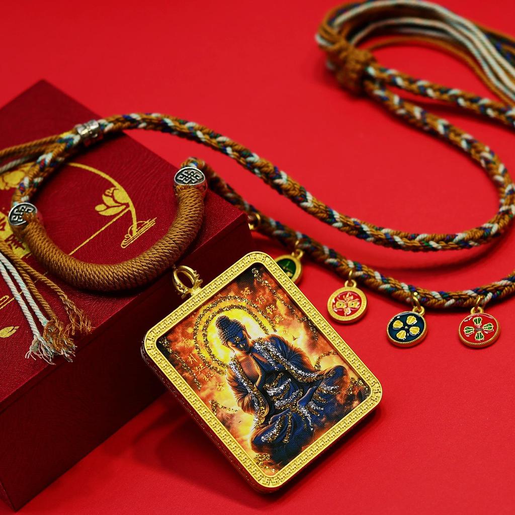 Hand-Painted Gold Thangka Zodiac Amulet Necklace with Guardian Deities Pendant
