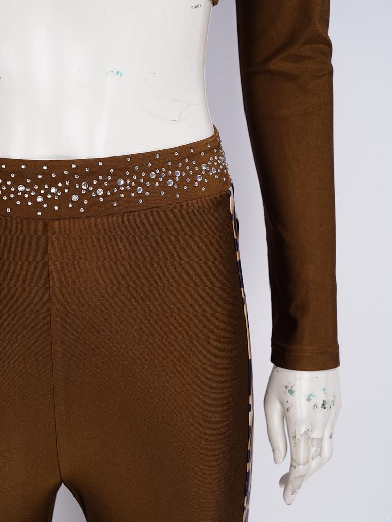 Leopard Print Rhinestone One Shoulder Crop Top and Flared Pants Set for Women Latin Jazz Dance Competition Stage Show